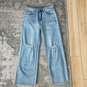 Stylish Light Blue Distressed Wide Leg Jeans